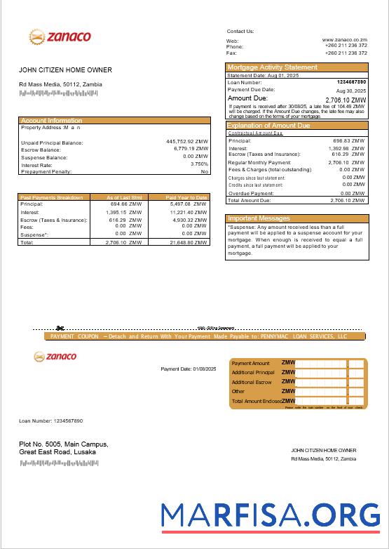 Printable Zambia Zanaco Bank mortgage statement in Word and PDF formats template